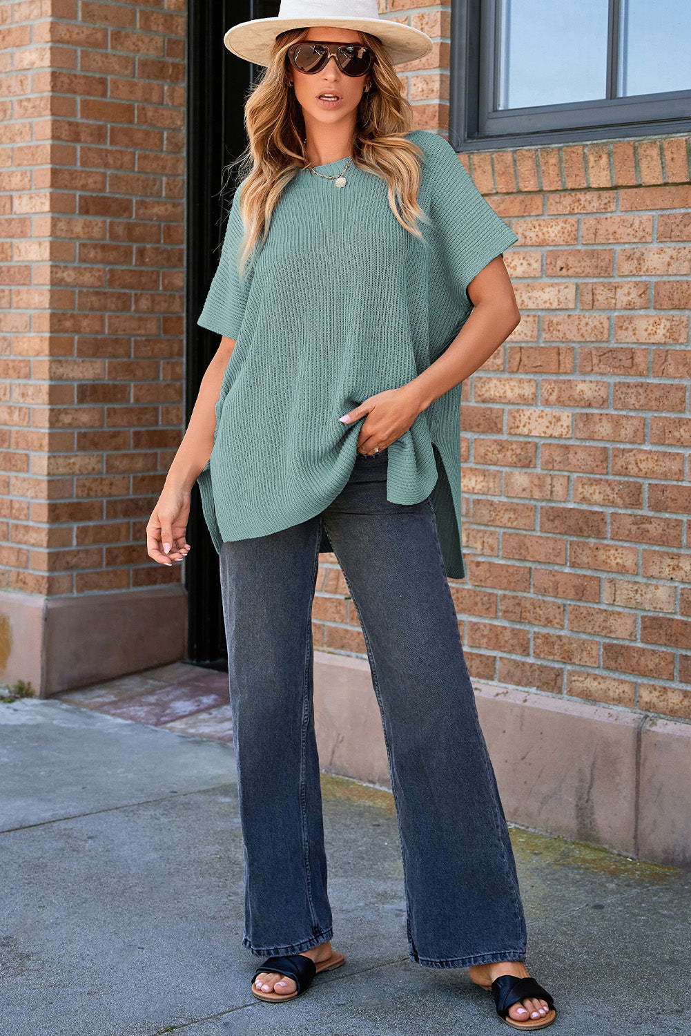 Short Sleeve Side Slit Oversized Sweater