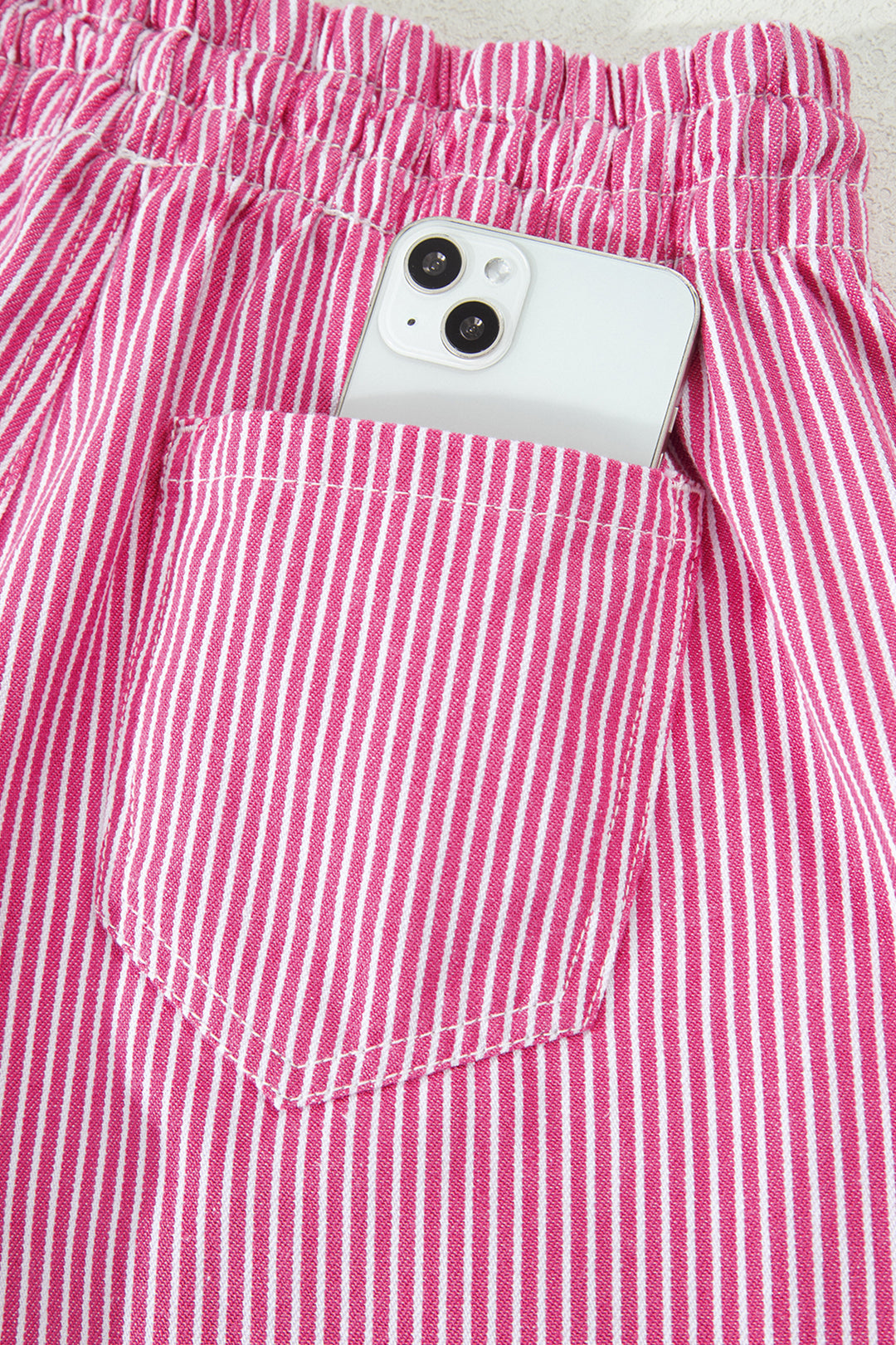 Pink Stripe Drawstring Elastic Waist Casual Denim Shorts