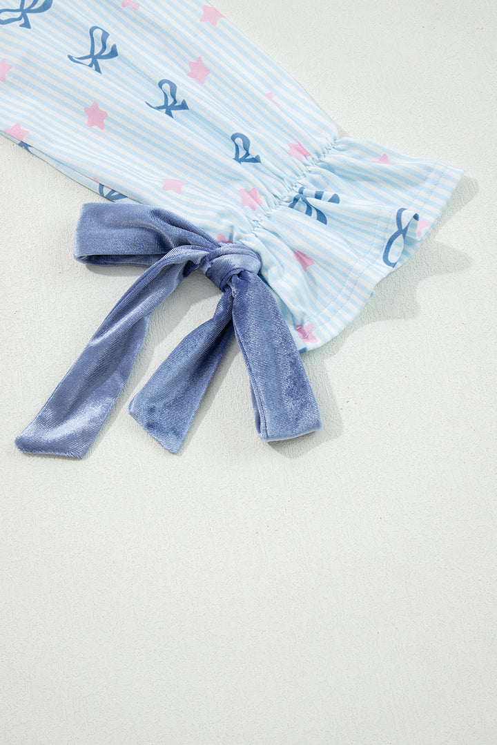 Sky Blue Stripe Bow Star Print Tied Detail 2pcs Lounge Set