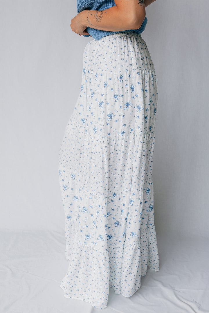 Chic Sky Blue High Waist Tiny Floral Print Boho Maxi Skirt