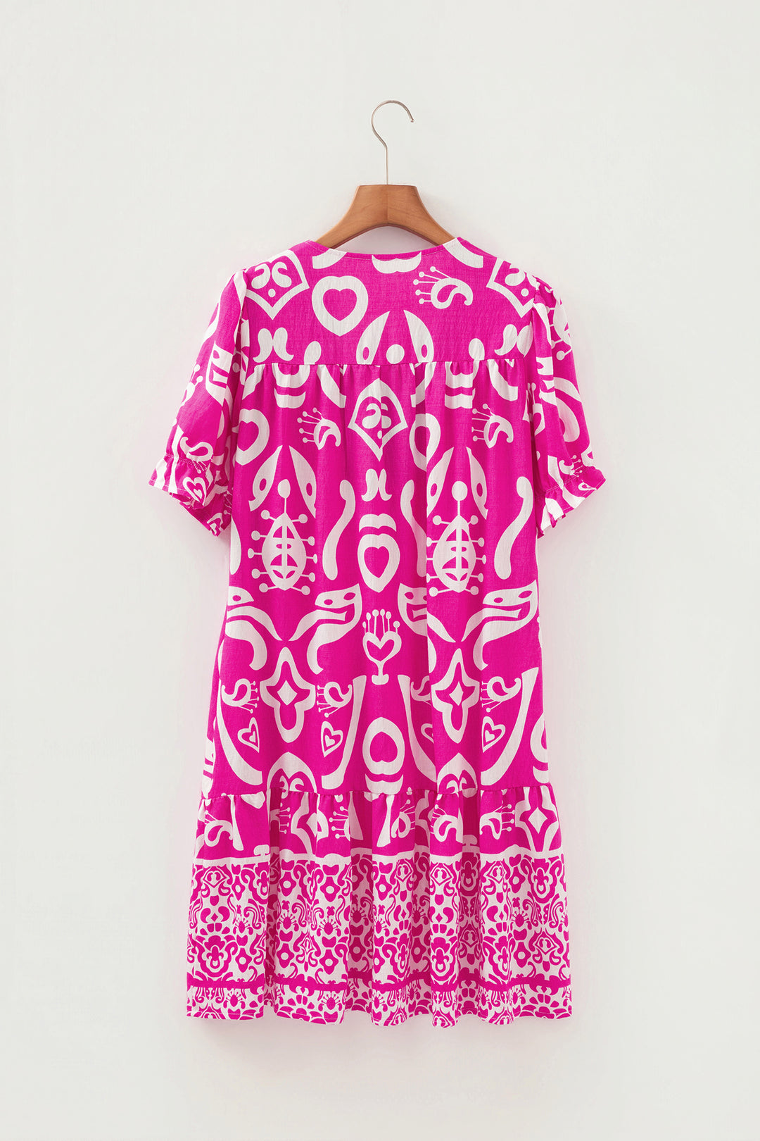 Boho Mixed Print Contrast Trim V Neck Short Sleeve Flared Dress