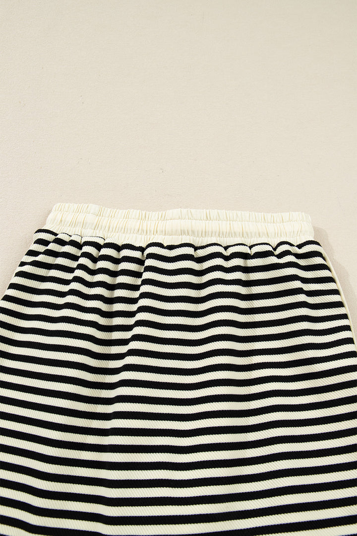 Black Stripe Textured Pullover Top Drawstring Mini Skort Two Piece Dress Set