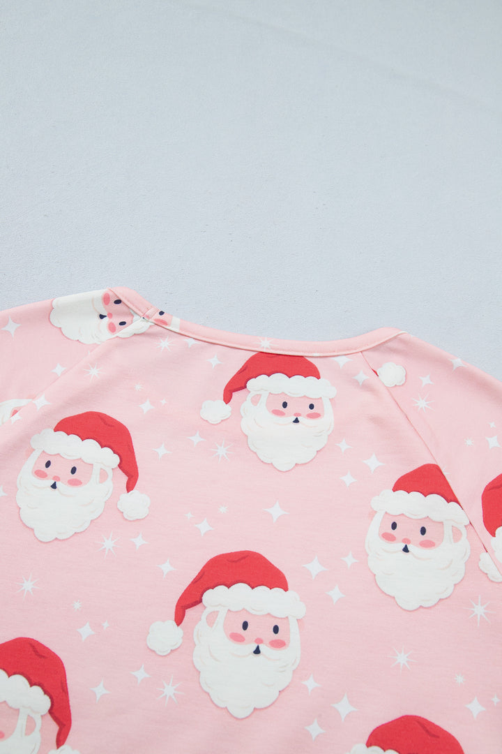 Pink Abstract Santa Pattern Long Sleeve Two Piece Shift Lounge Set