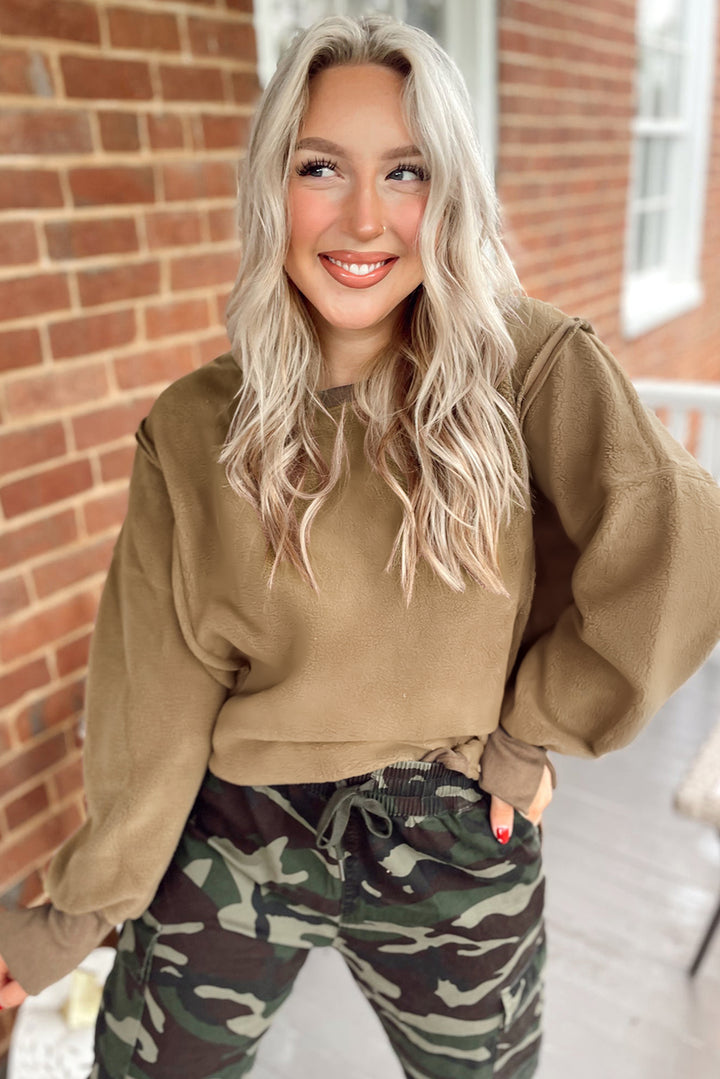 Fuzzy Sherpa Splicing Pullover Sweatshirt with Side Slit