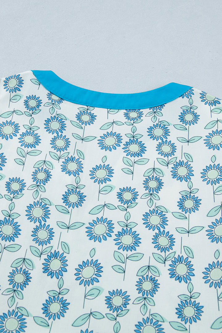 Sky Blue Floral Print Contrast Trim Flutter Sleeve Mini Dress