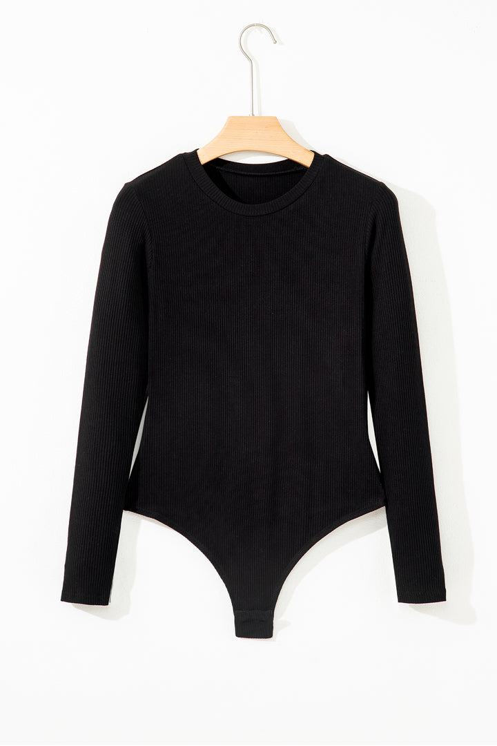 Dearlovers Black Ribbed Long Sleeve Crew Neck Solid Color Bodysuit