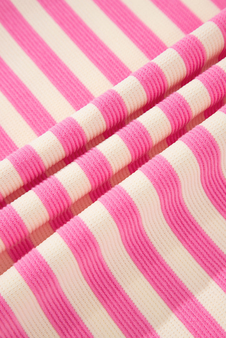 Pink Stripe Print Contrast Collar Split Neck Flutter Sleeve Short Dress