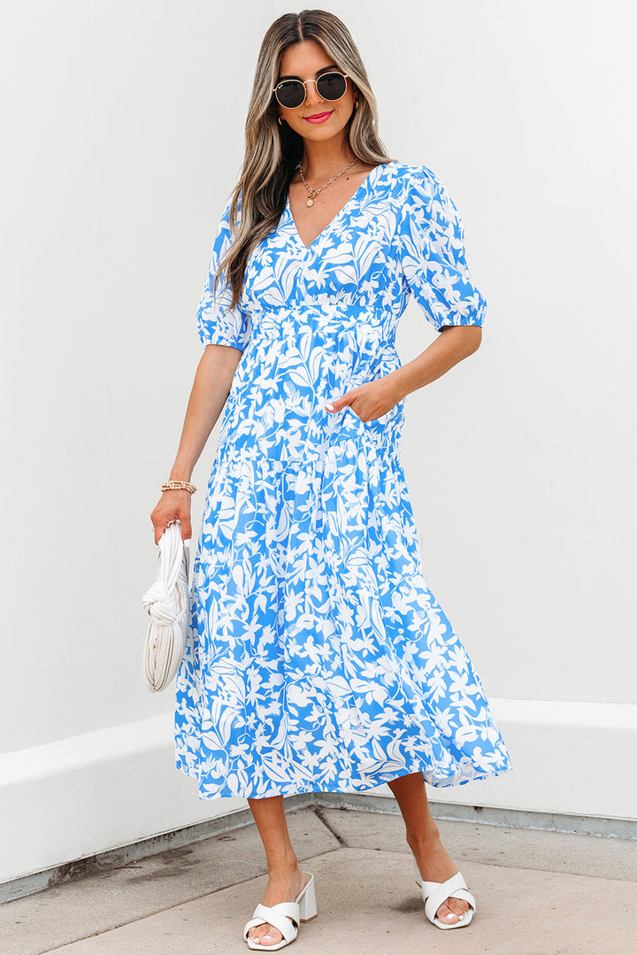 floral v neck puff short sleeve flowy long dress