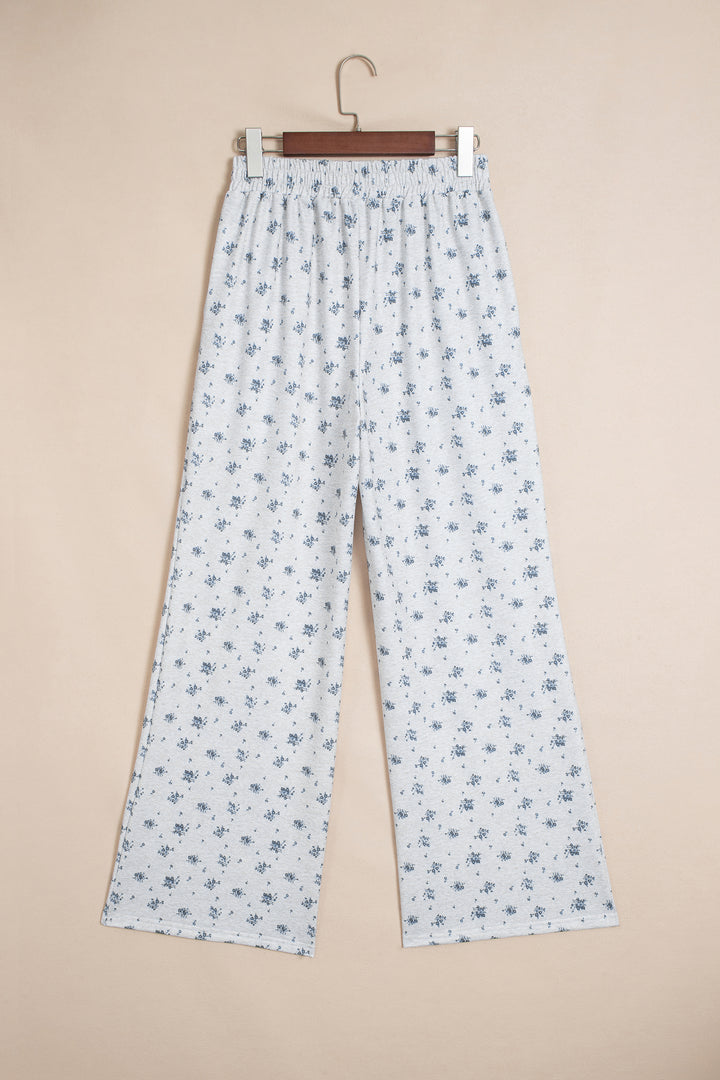 Gray Floral Print Elastic Waist Full Length Regular Pants