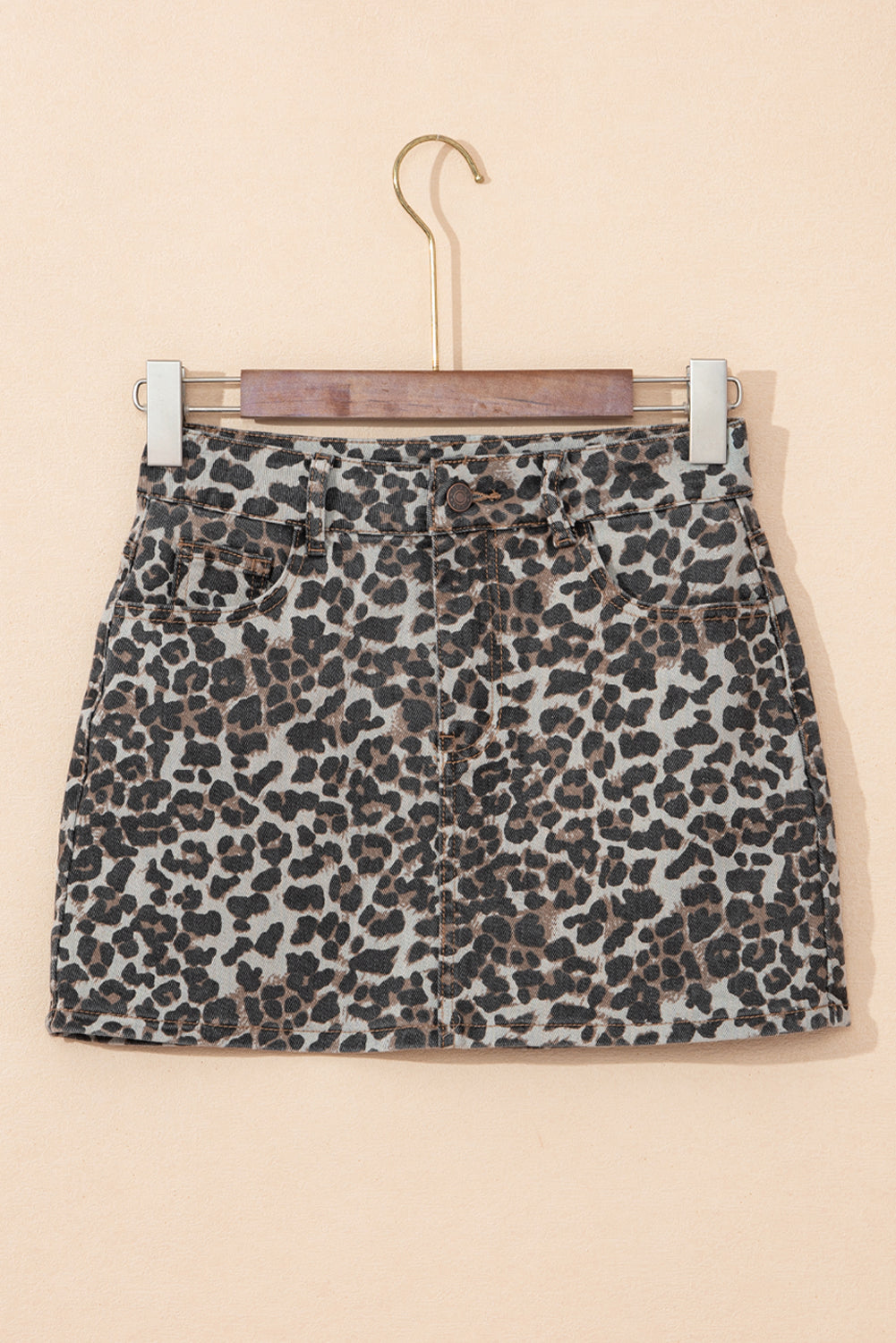 Fashion Khaki Leopard Denim Mini Skirt