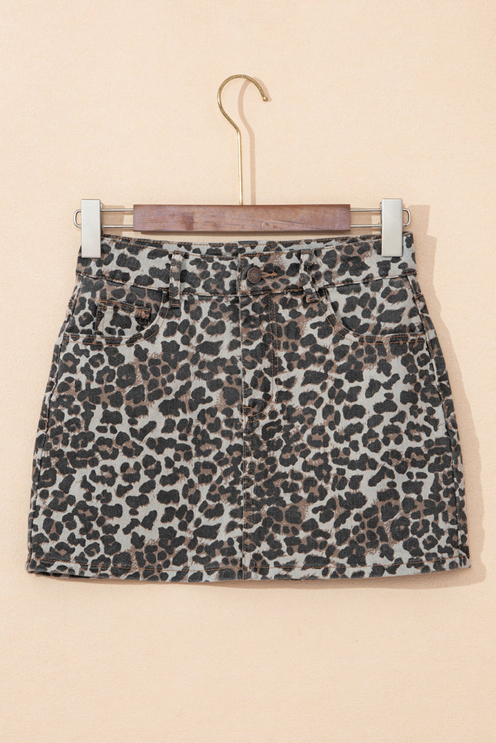 Fashion Khaki Leopard Denim Mini Skirt
