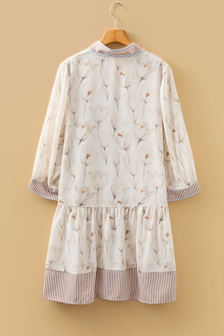 Khaki Plus Size Floral Print Striped Button Down A-line Dress