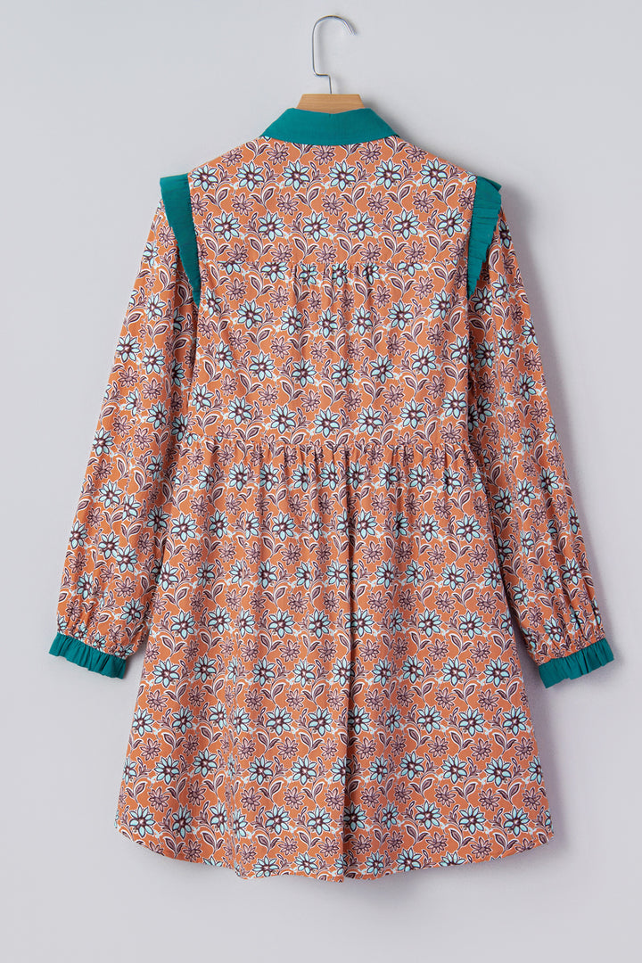 Boho Floral Contrast Collared Shirt Mini Dress