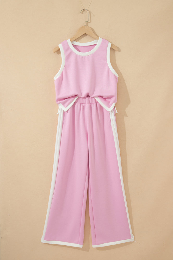 Pink Colorblock Trim Cropped Tank Elastic Waist Shift Pants 2pcs Set