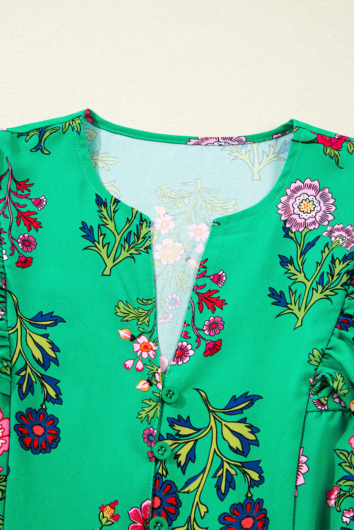 Robe mini boutonnée à volants et manches trois-quarts fleuries