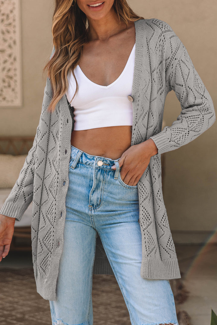 Gray Hollow-out Openwork Cotton Knit Cardigan