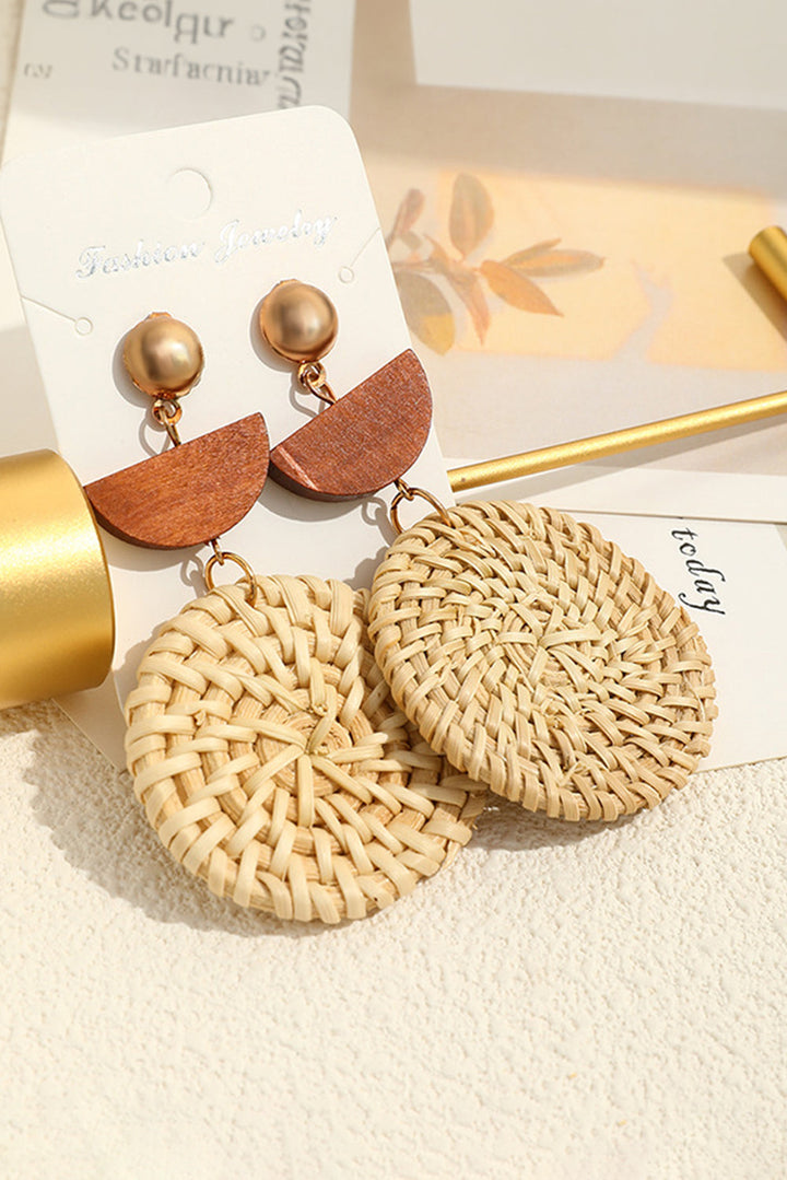 Boucles d'oreilles pendantes en forme de disque en bois tissé