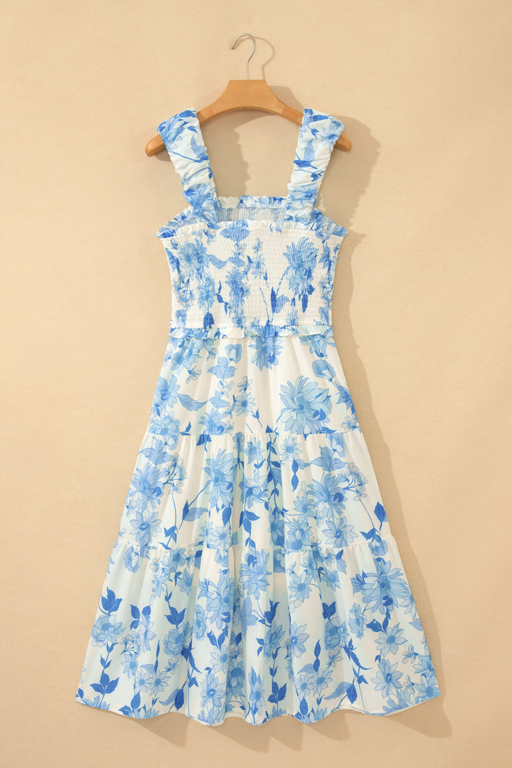 Sky Blue Ruffled Straps Smocked High Waist Floral Maxi Dress