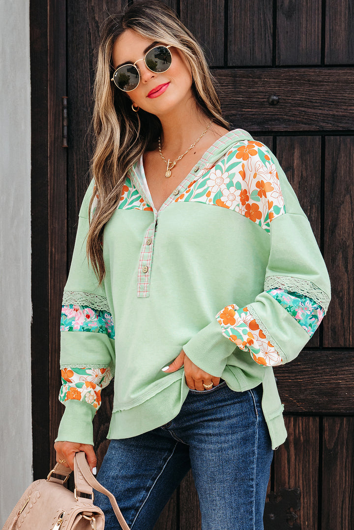 Clearly Aqua Lace Floral Patchwork Hooded Pullover