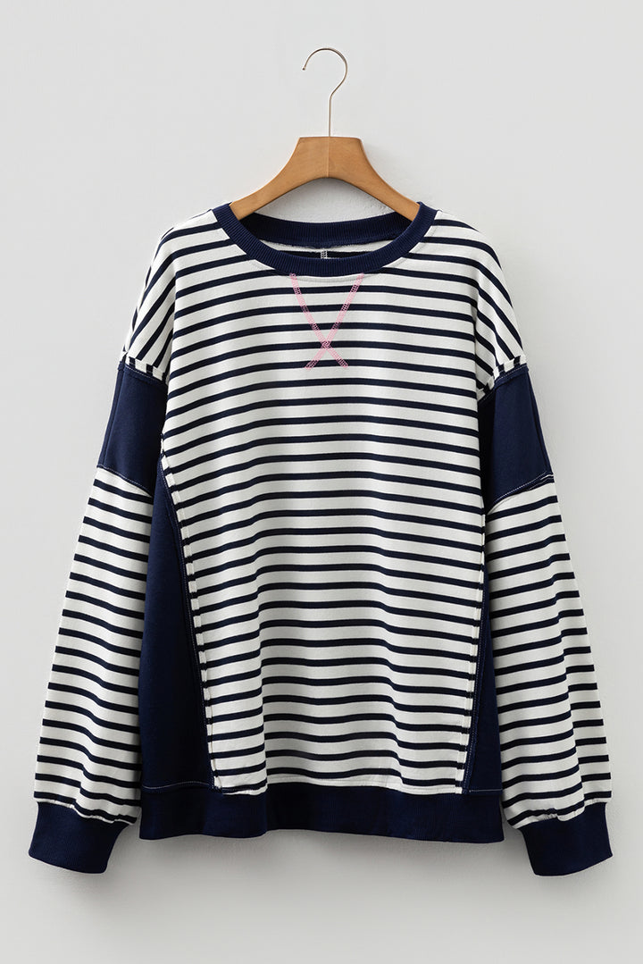 Blue Stripe Contrast Stitched Detail Color Block Patchwork Plus Size Sweatshirt