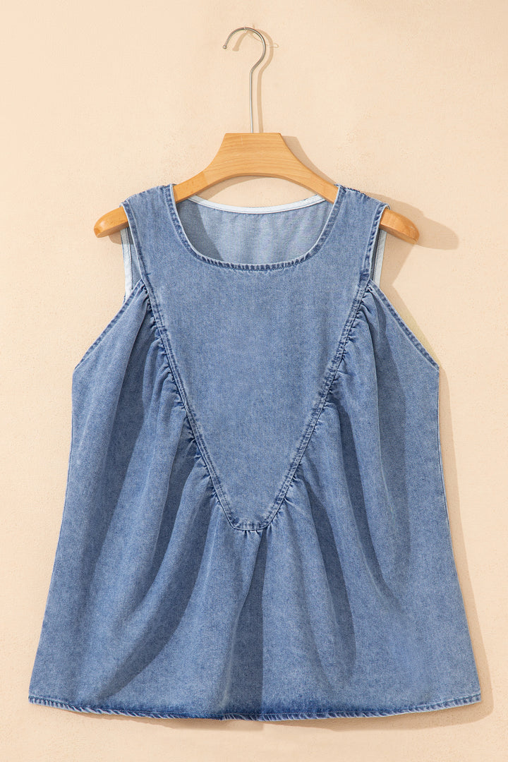Myosotis Denim Pleated Patchwork Sleeveless Top