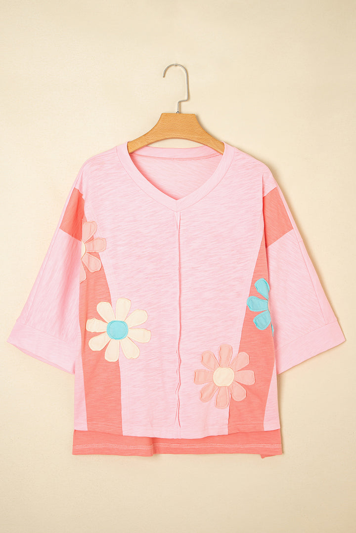 Flower Patched Exposed Seam Bracelet Sleeve Oversized T Shirt