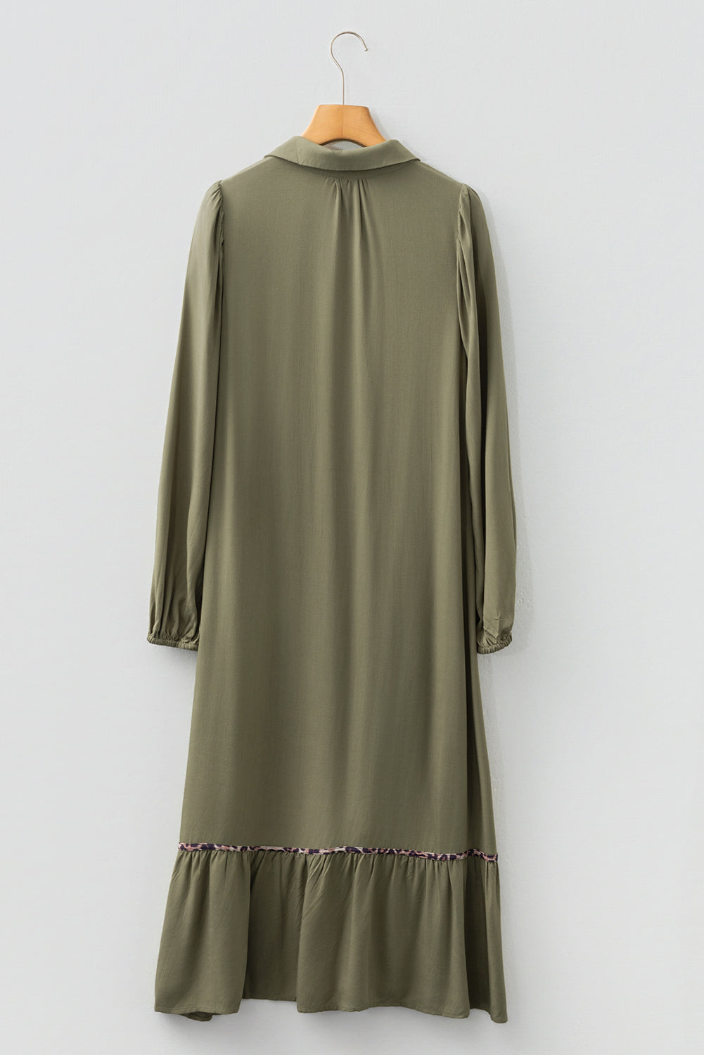 Four Leaf Clover Smocked Detail Contrast Leopard Trim Long Dress