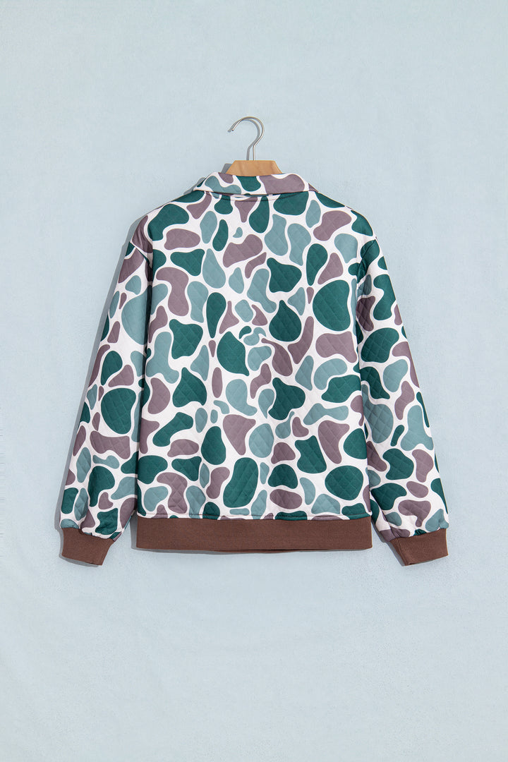 Multicolour Retro Camouflage Pattern Color Block Detail Button Pullover Sweatshirt
