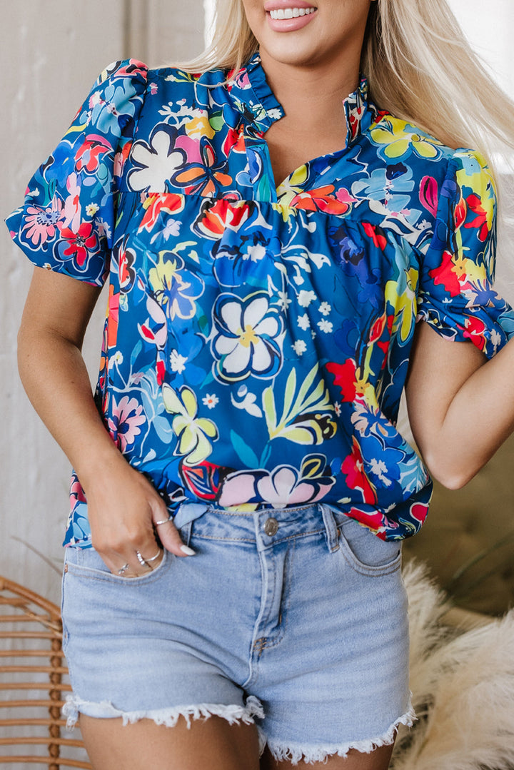 flower print collared v neck puff short sleeve loose blouse