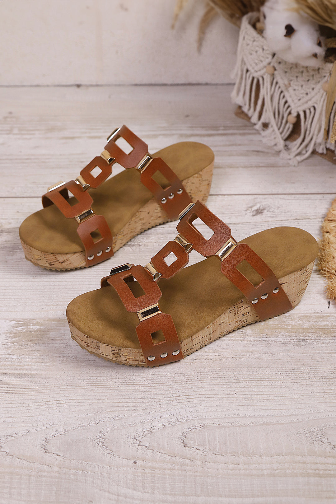Retro Hollowed PU Leather Wedge Platform Slippers