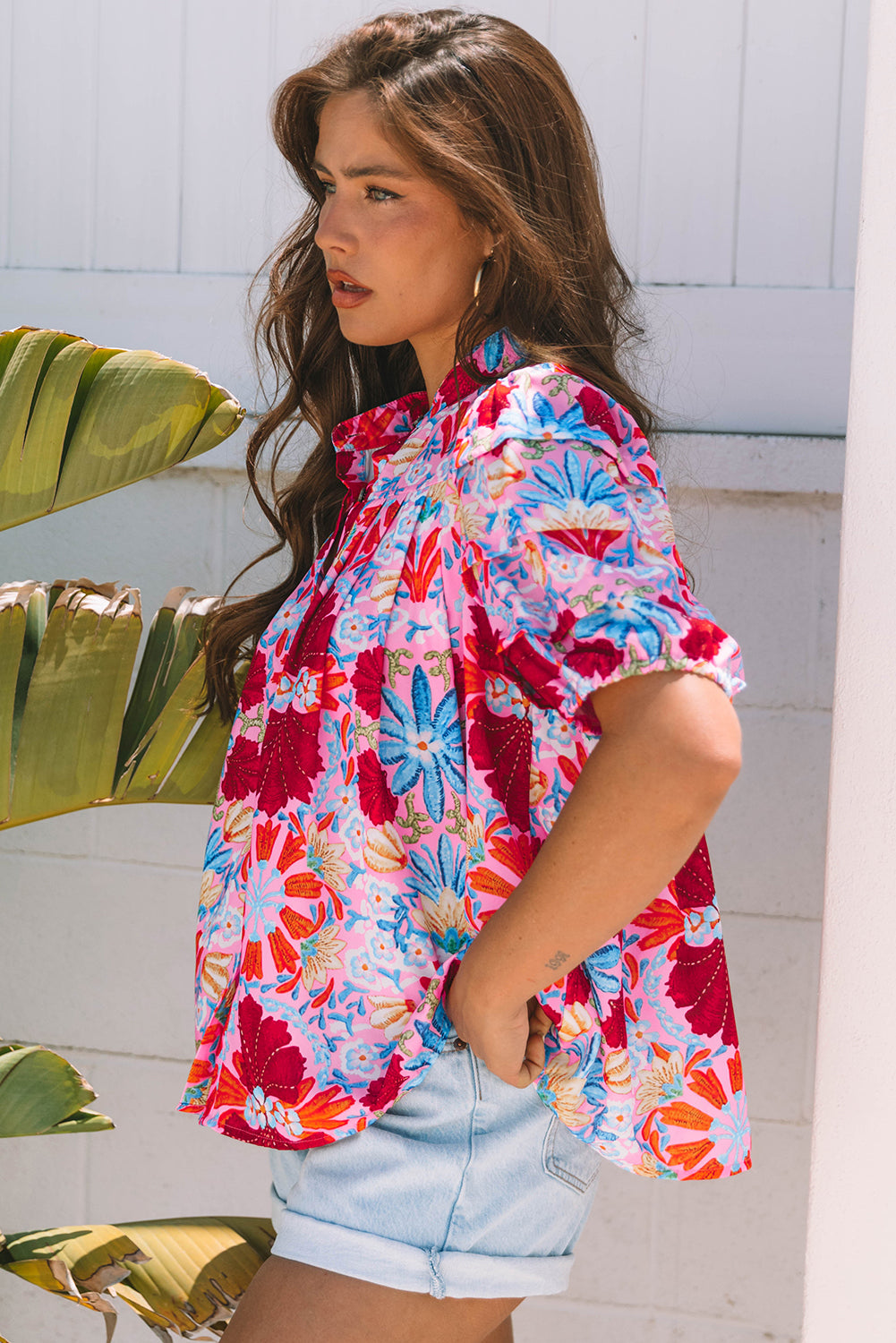 Floral Print Bubble Sleeve Button Up Pleated Shirt