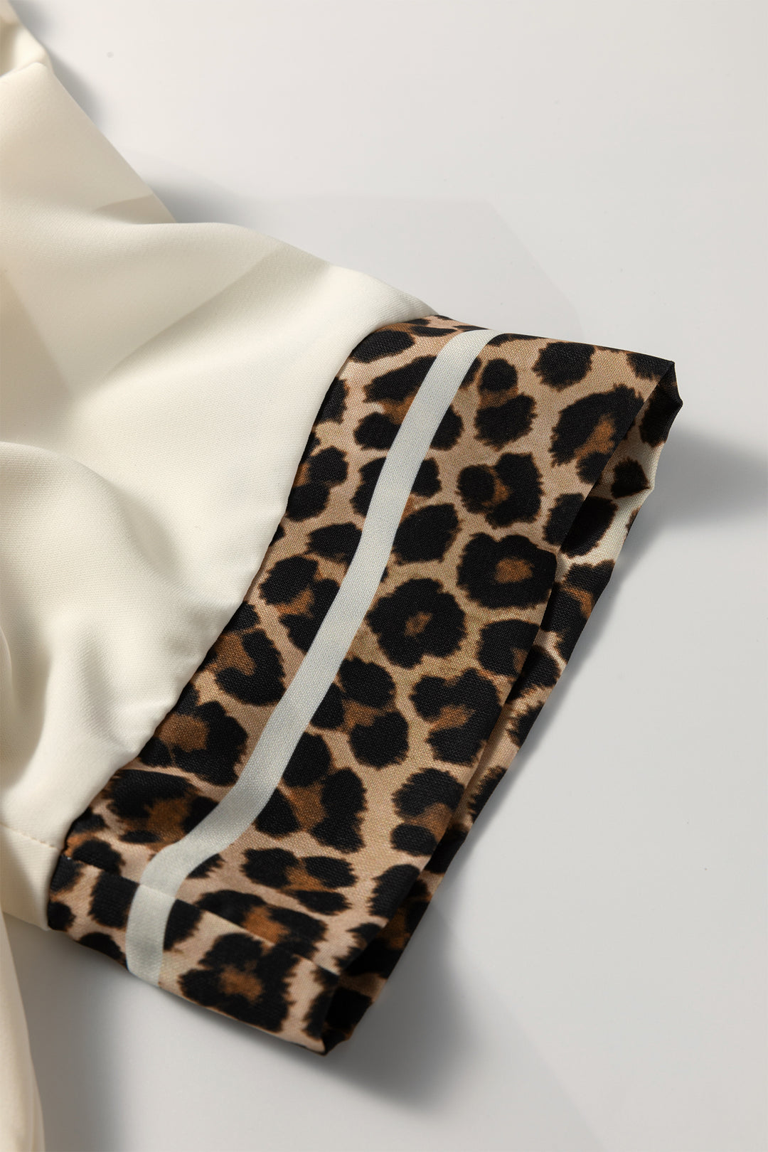Leopard Patchwork Trim Split Neck Short Sleeve Blouse