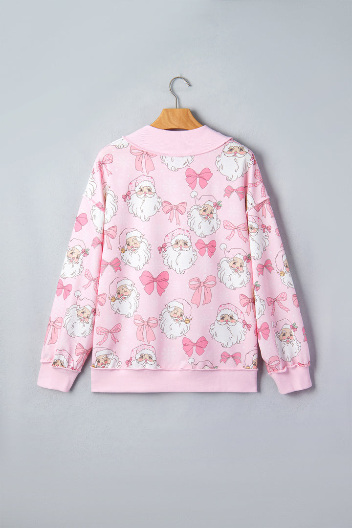 Pink Abstract Santa Print Drop Shoulder High Neck Sweatshirt