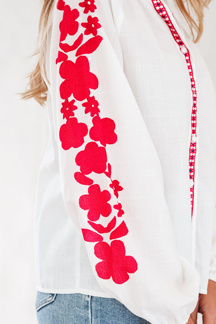 Floral Embroidered Puff Long Sleeve Casual Shirt