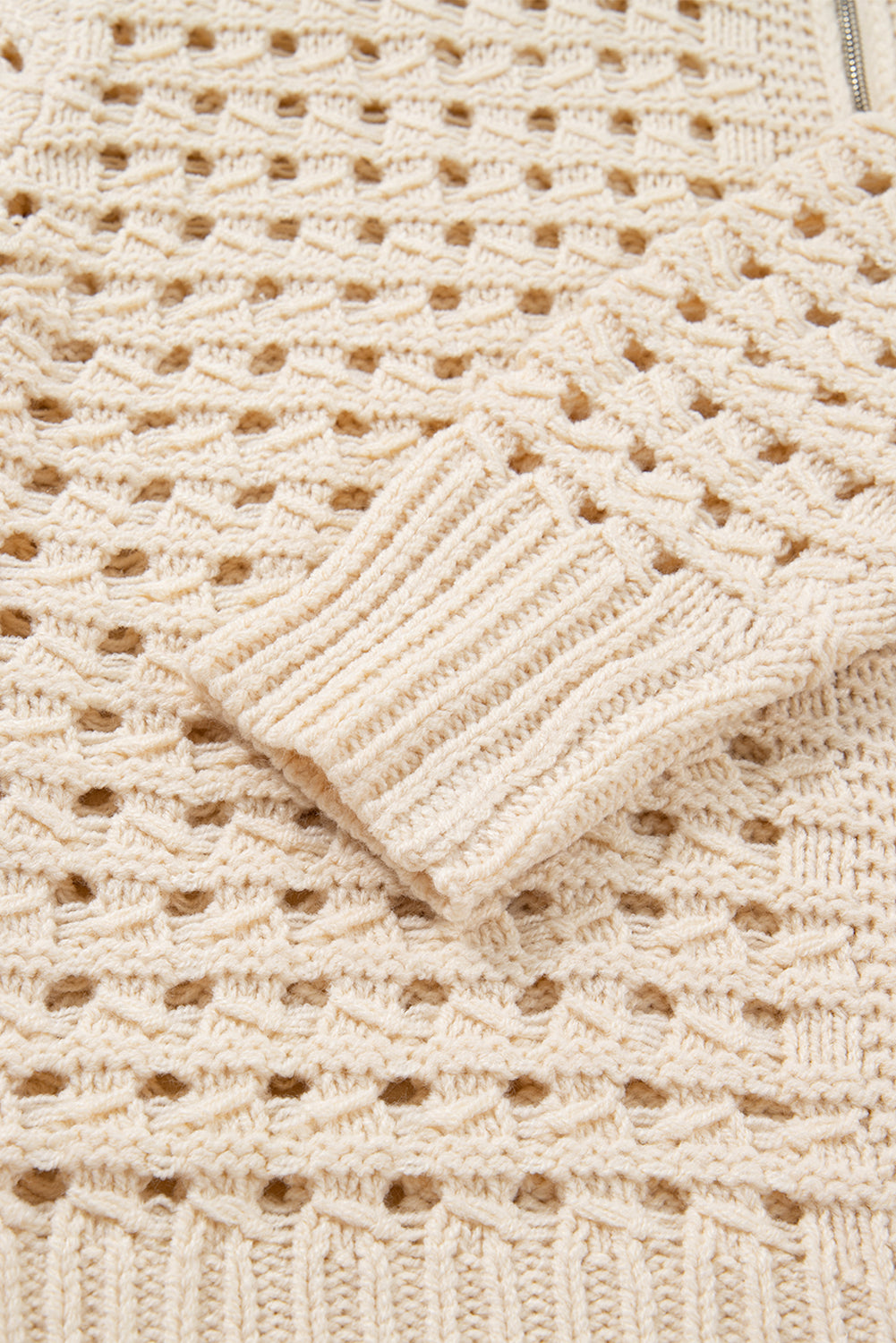 Hollowed Pattern Knit Zip Up Drop Shoulder Sweater Cardigan