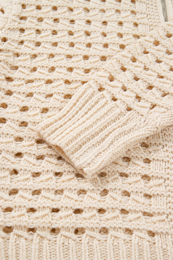 Hollowed Pattern Knit Zip Up Drop Shoulder Sweater Cardigan