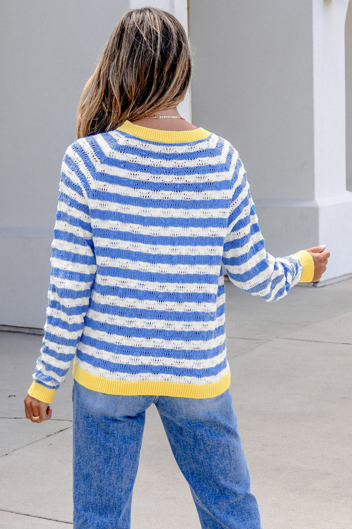 Sky Blue Stripe Button Front Long Sleeve Loose Fit Knit Cardigan