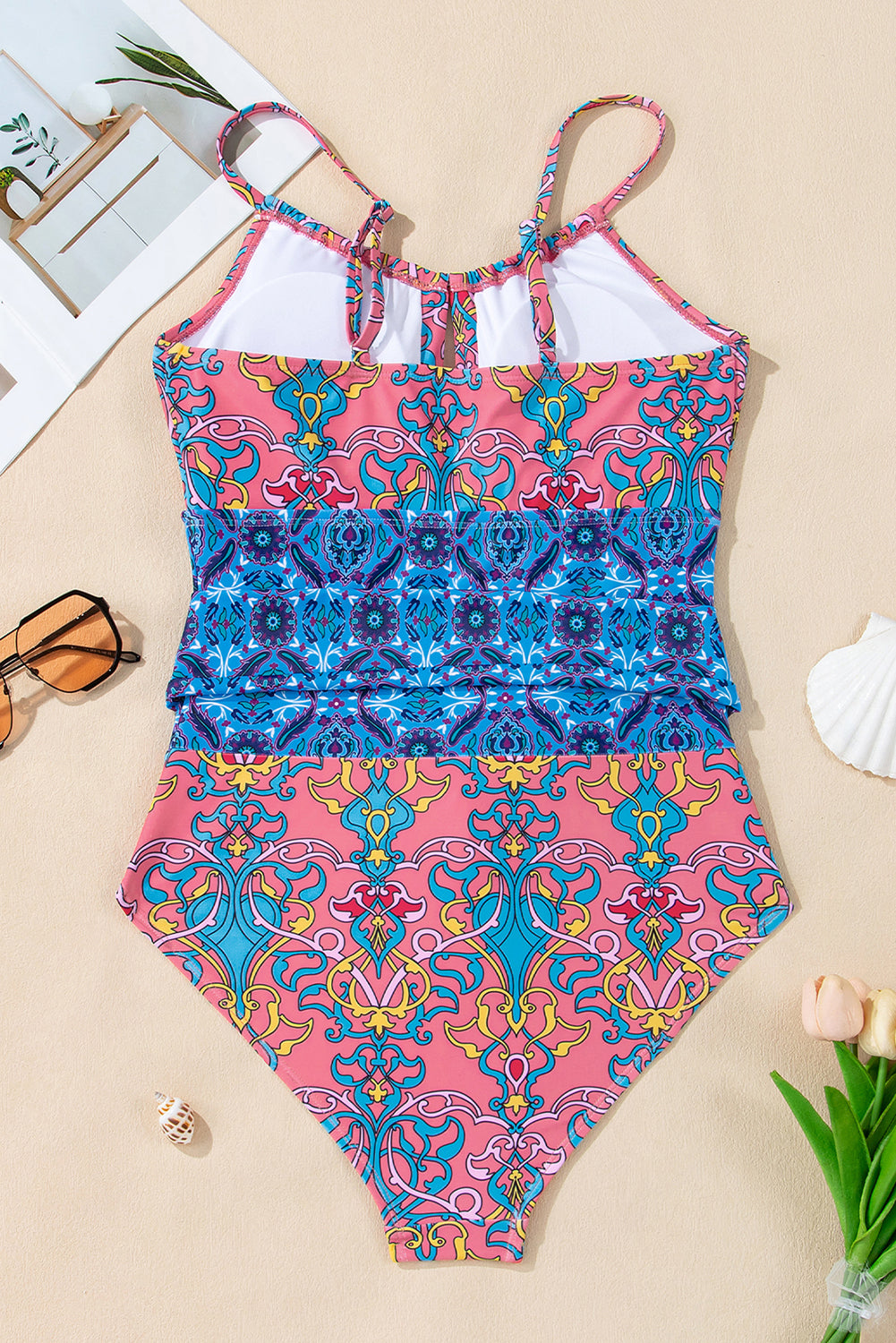 geometric print hollow out knotted waist one piece swimsuit