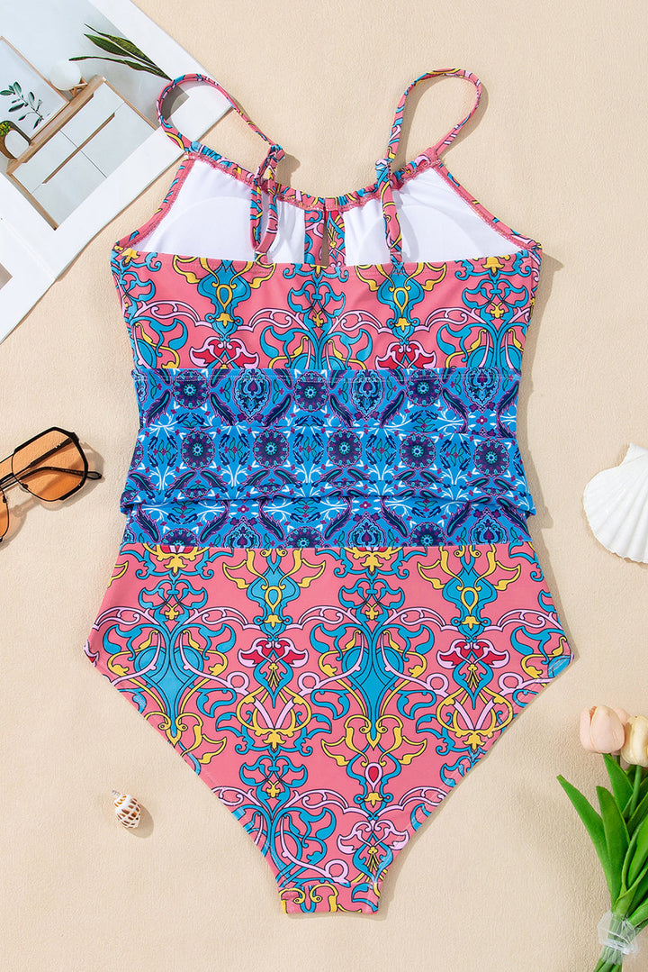 geometric print hollow out knotted waist one piece swimsuit