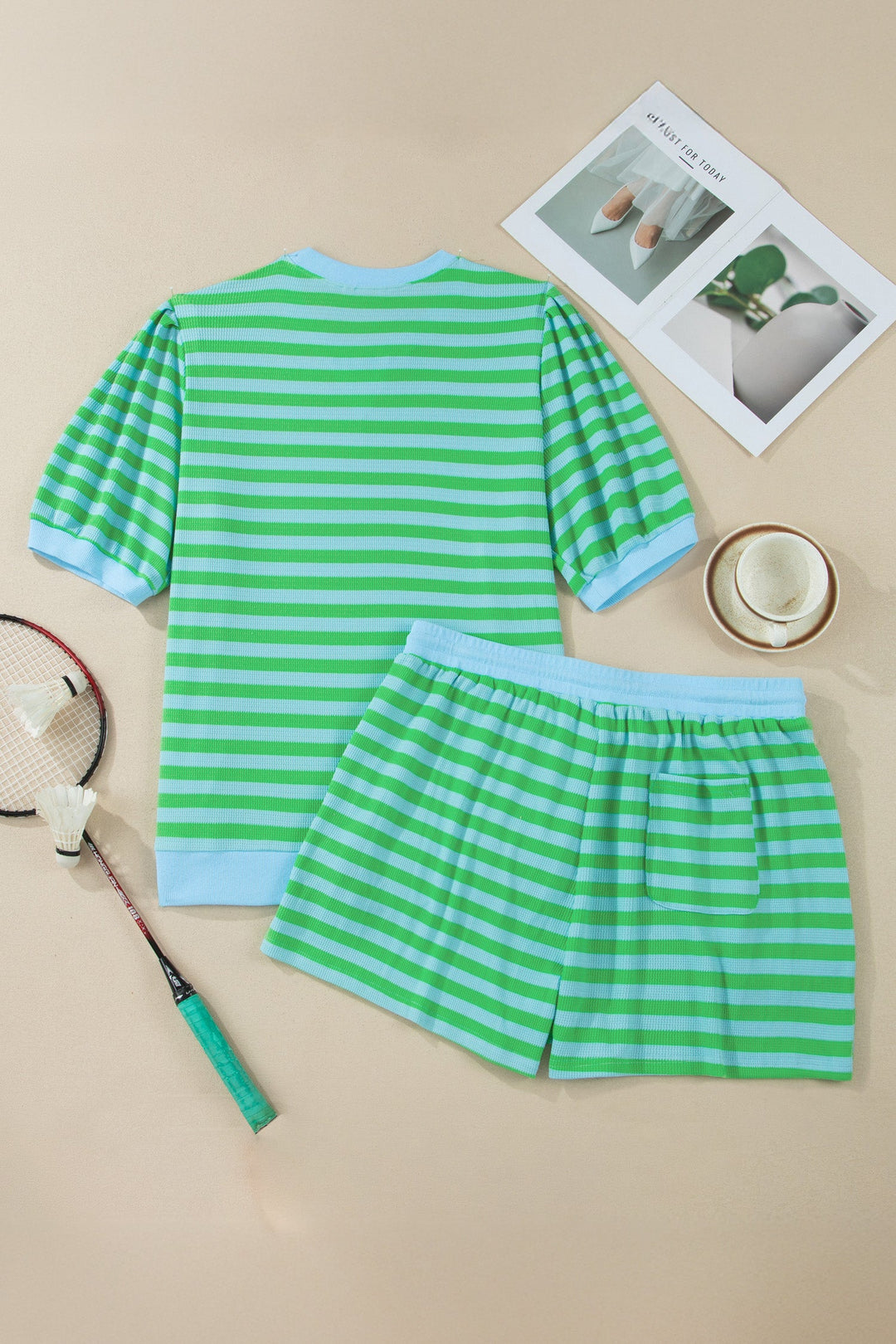 Green Stripe Plus Size Colorblock Detail Puff Sleeve Top Drawstring Shorts 2pcs Outfit