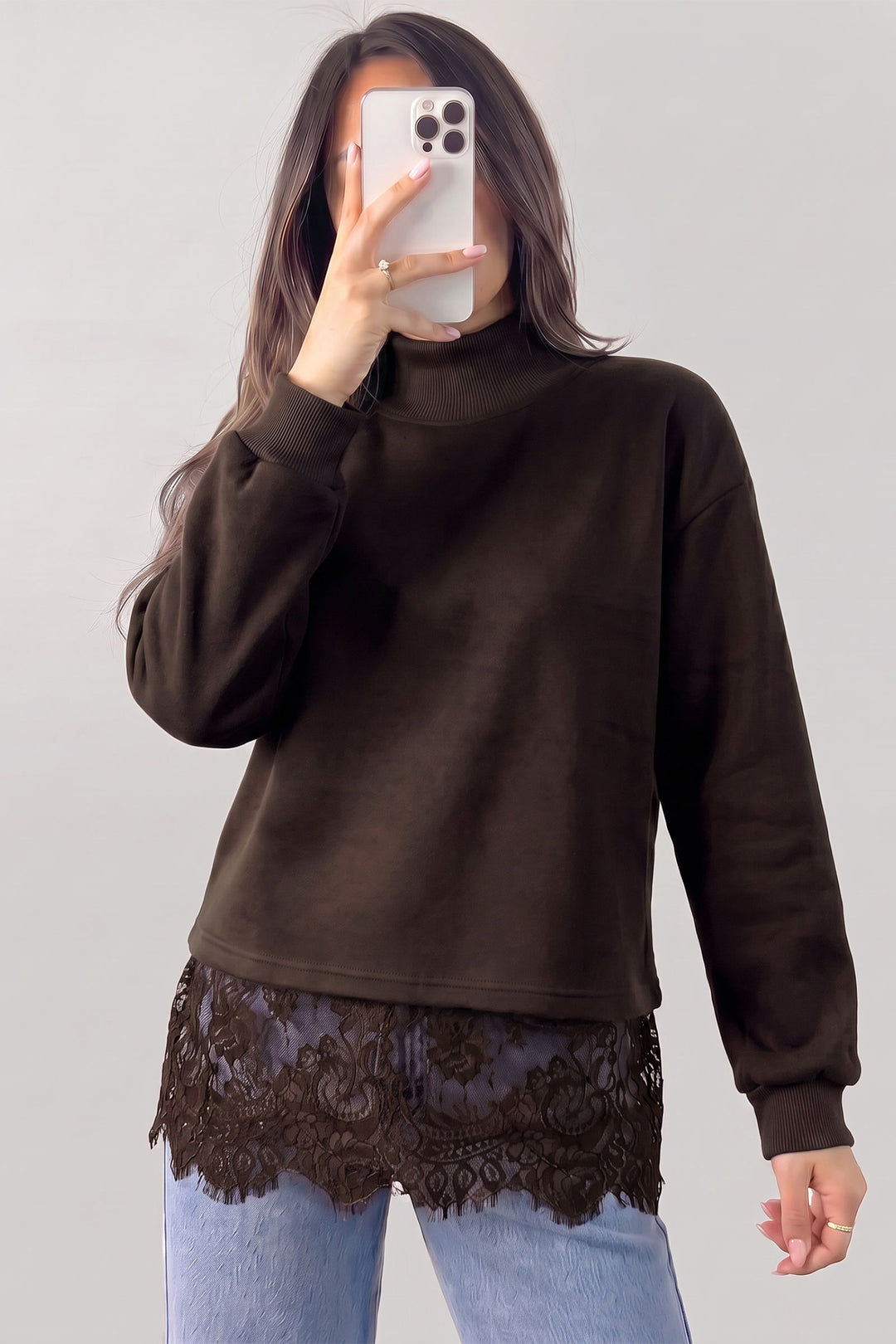 Coffee Solid Color High Neck Lace Splicing Hem Pullover Sweatshirt