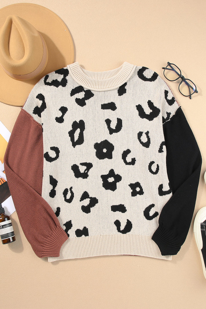Leopard Print Colorblock Pullover Sweater