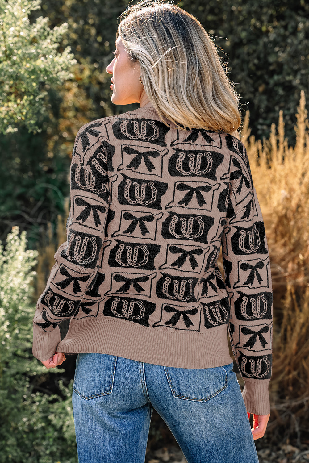 Black Bows &amp; Horseshoes Pattern Western Fashion Print Sweater
