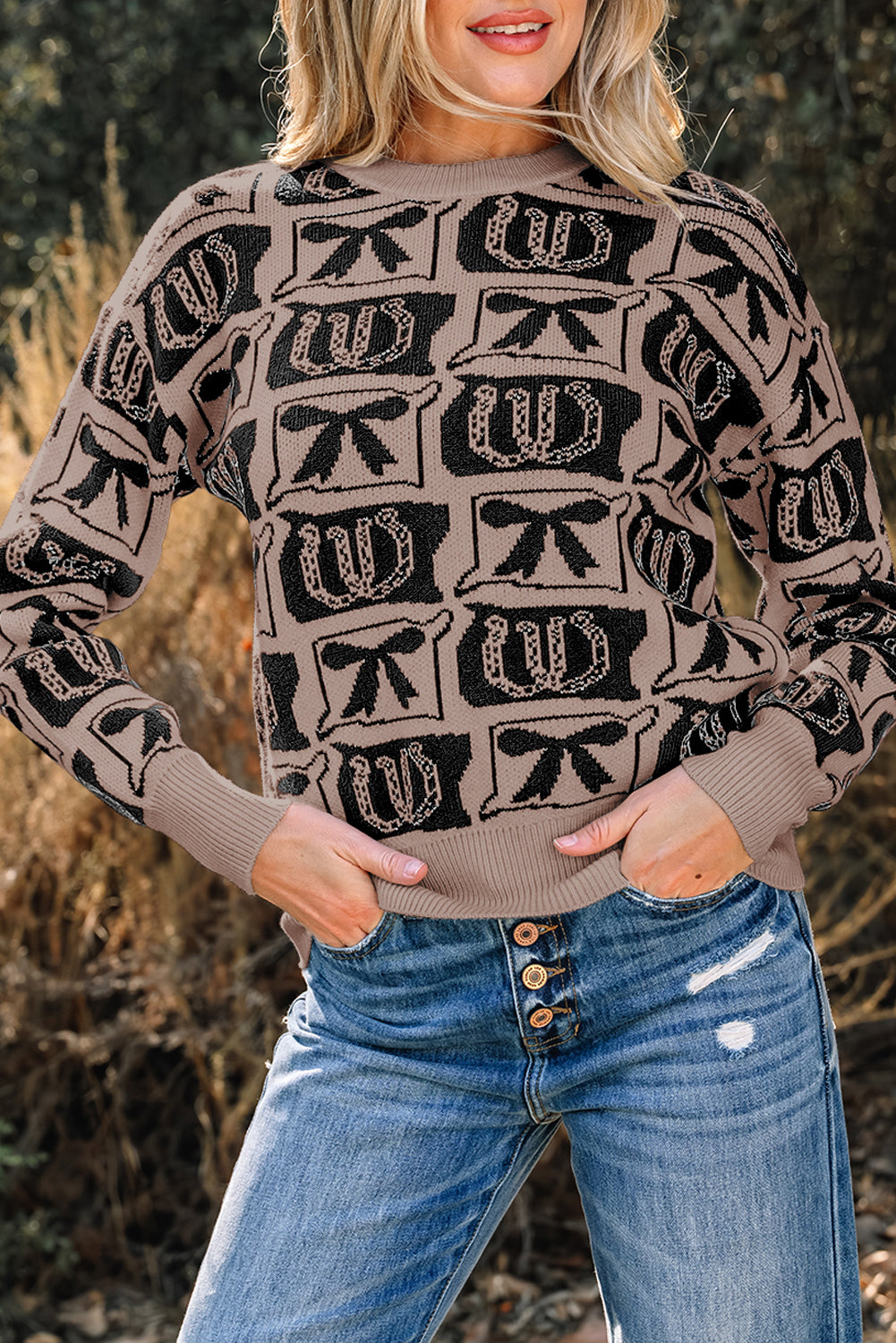 Black Bows &amp; Horseshoes Pattern Western Fashion Print Sweater