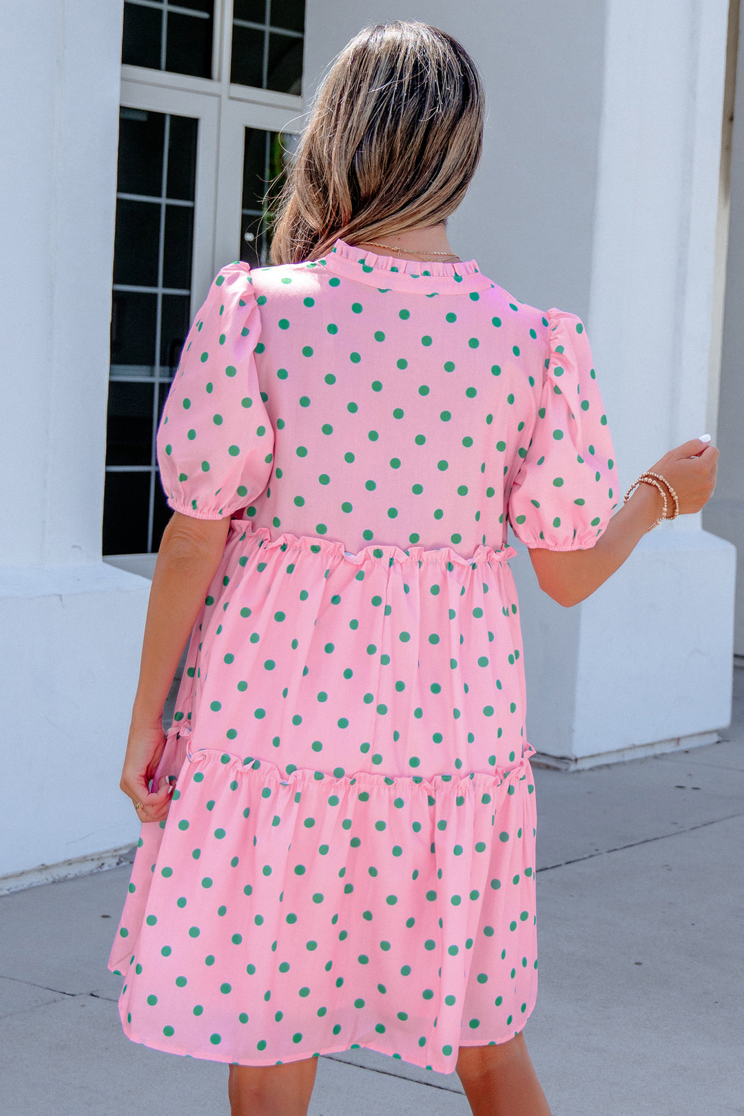Pink Polka Dot Print V Neck Short Sleeve Tiered Mini Dress
