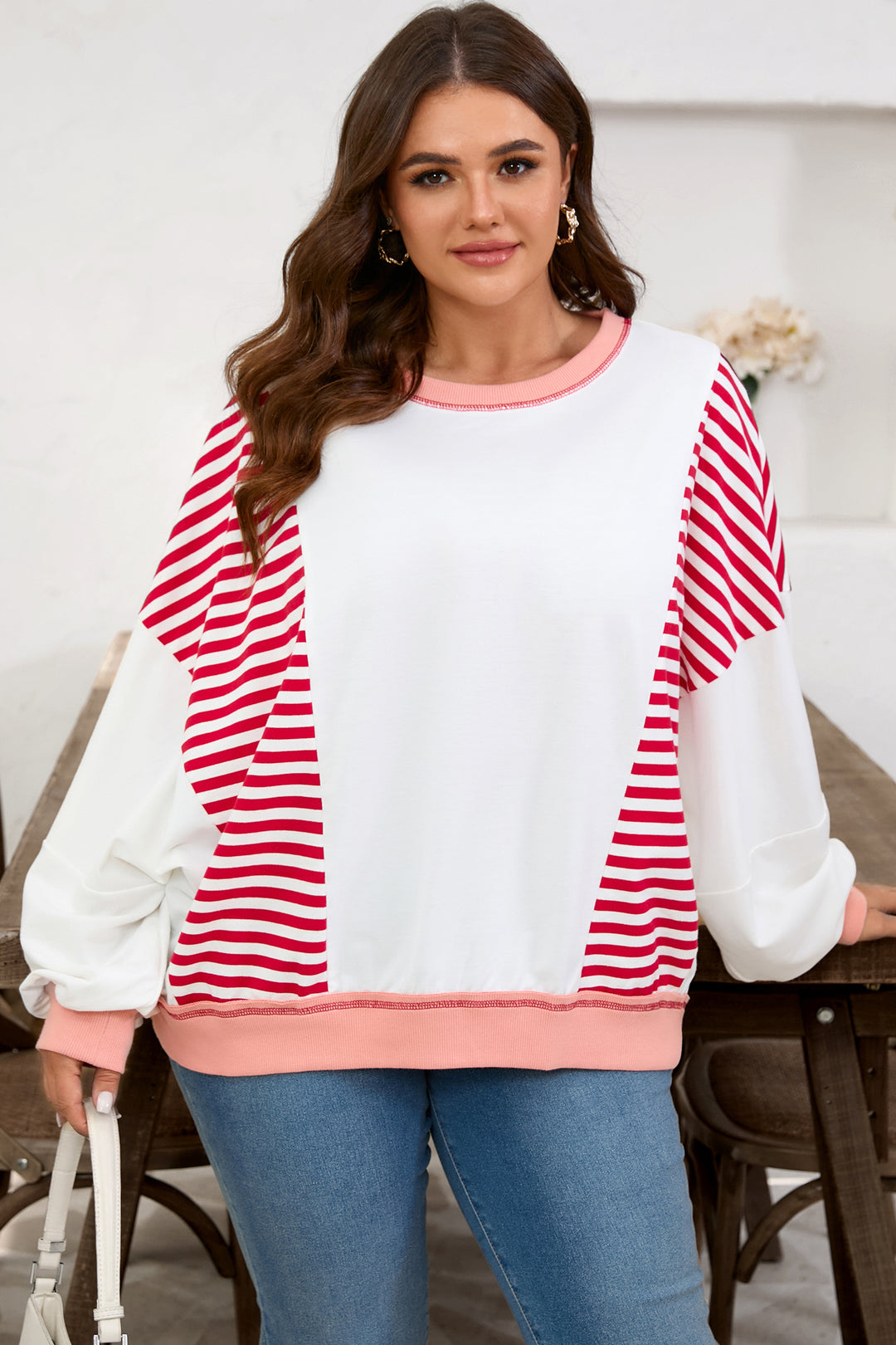 Red Stripe Color Block Patchwork Seam Detail Plus Size Sweatshirt