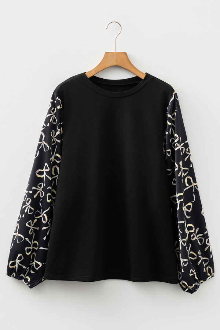 Black Bow Knot Patchwork Crewneck Plus Size Blouse