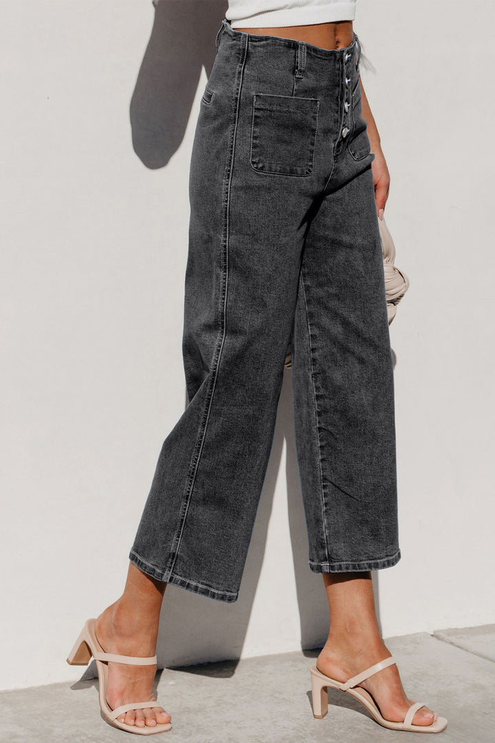 Gray High Waist Button Front Wide Leg Cropped Jeans