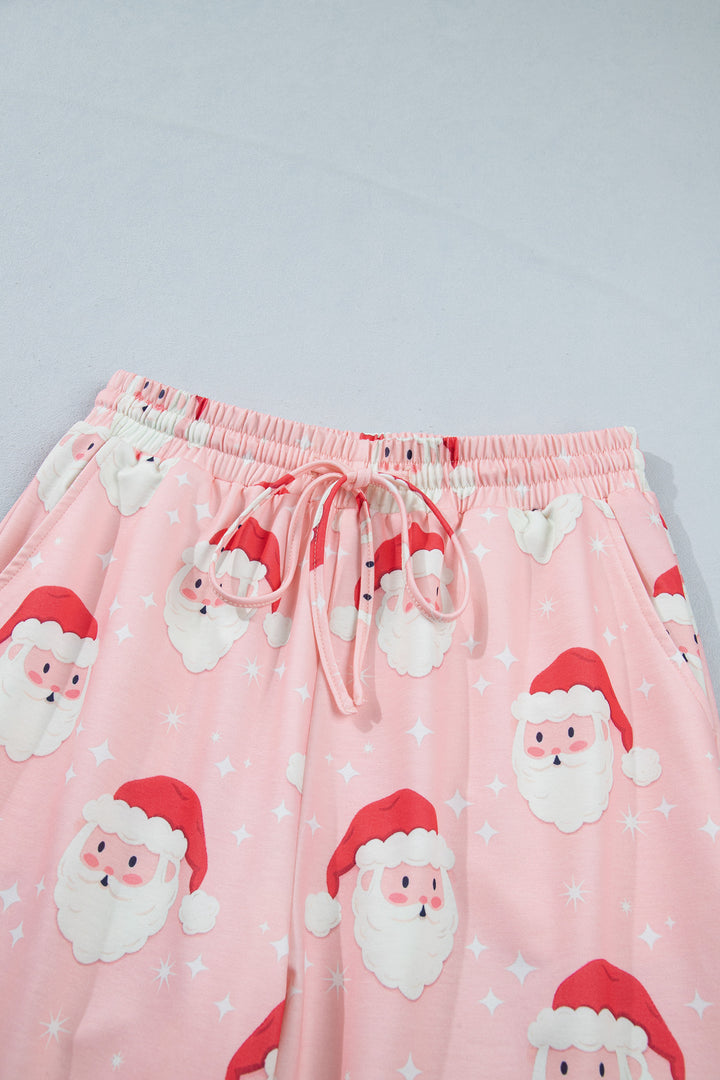 Pink Abstract Santa Pattern Long Sleeve Two Piece Shift Lounge Set