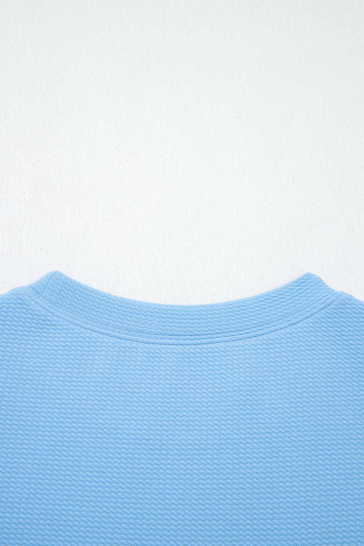 Light Blue Round Neck Textured Contrast Floral Bubble Sleeve Blouse